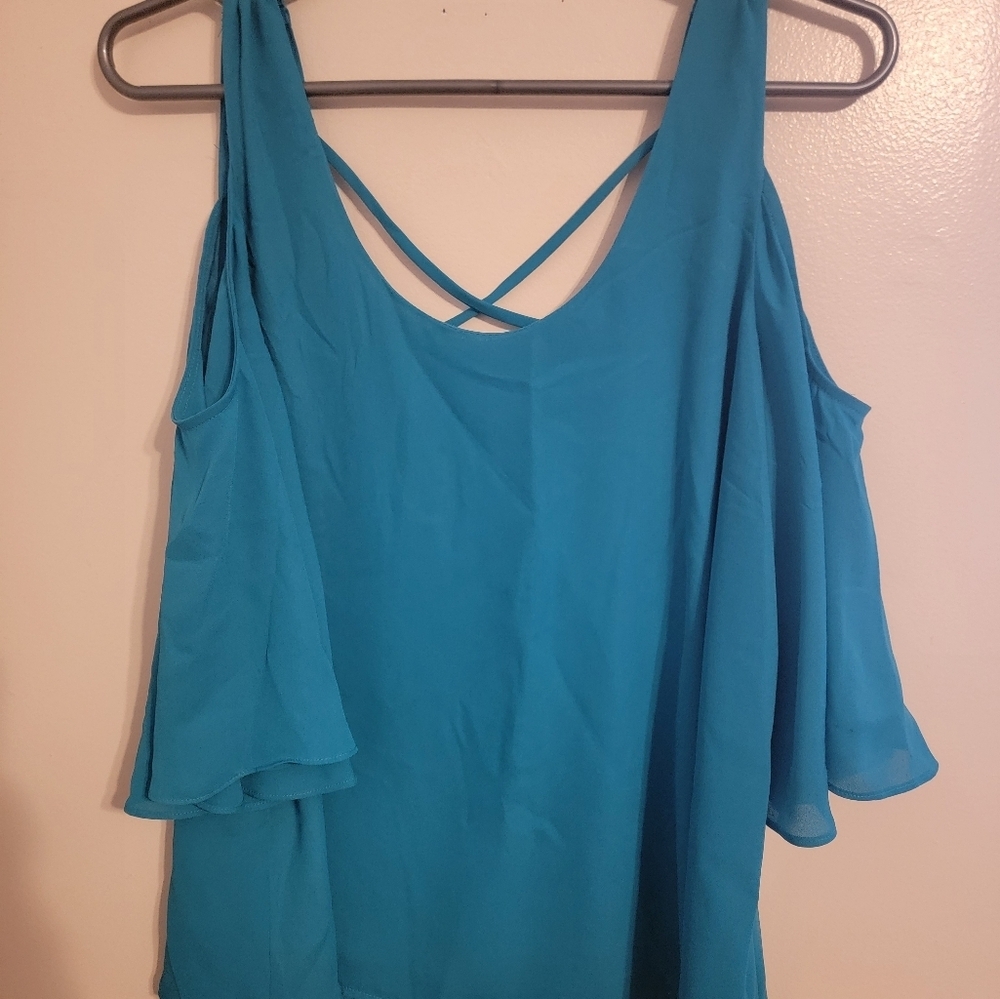 Womens Apt 9 Cold Shoulder Aqua Blue Criss Cross Back Blouse Sz Small